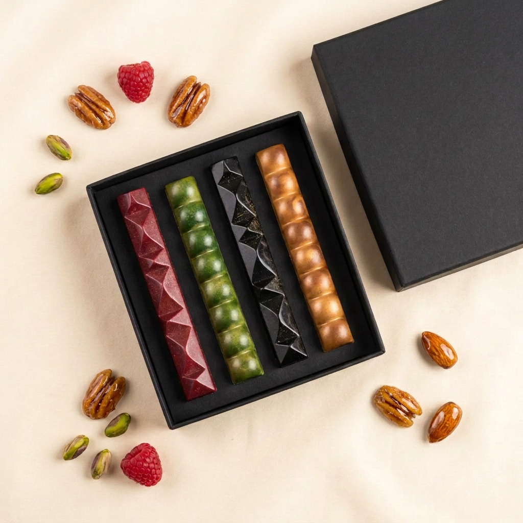 Coffret avec framboises, pistaches, noix de pécan et amandes caramélisées