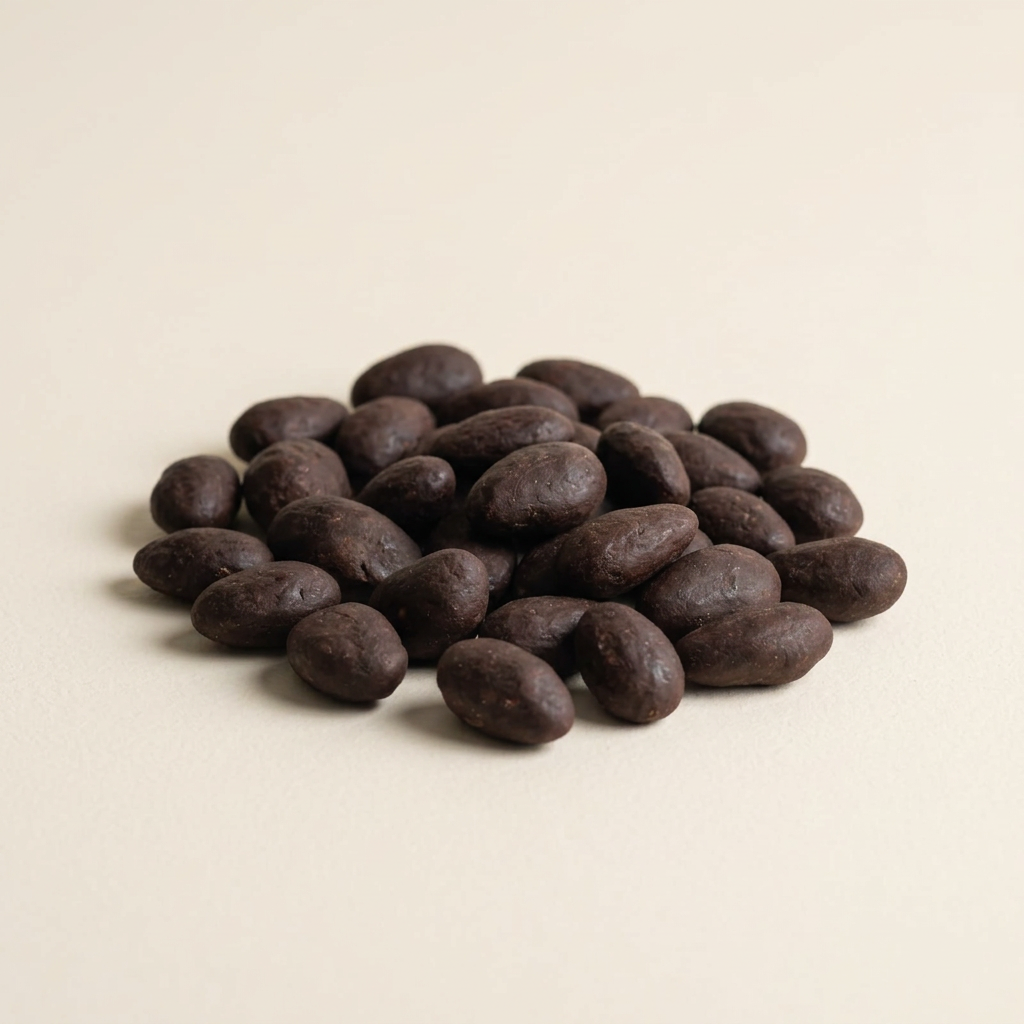 Amandes enrobées de chocolat noir sur fond ivoire