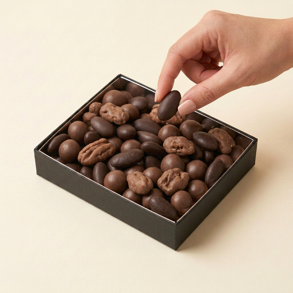 Coffret avec vos dragées en référence et une main qui en prend une