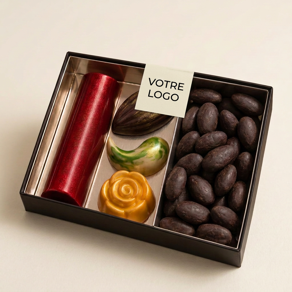 Coffret sur fond ivoire avec étiquette Votre logo