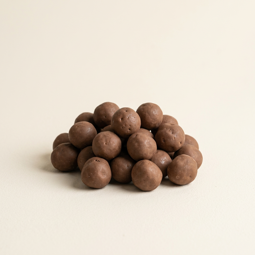 Noisettes enrobées de chocolat au lait sur fond ivoire
