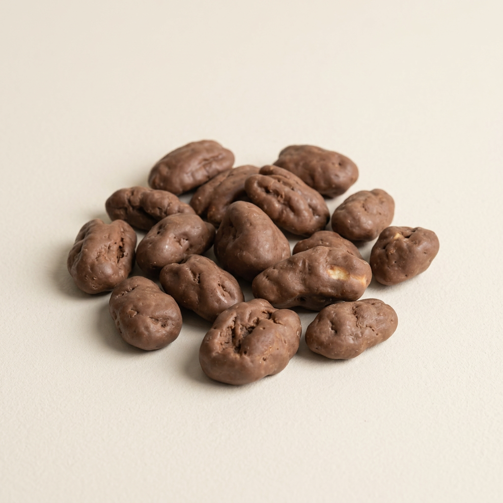Noix de pécan enrobées de chocolat au lait sur fond ivoire